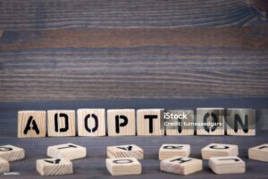 Adoption word written on wood block Dark wood background with texture 